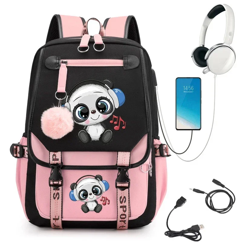 Bolsa de Ombro Kawaii para Adolescentes, Mochilas Femininas, Mochila Laptop, Bolsa de Estudante, Panda Love Music Bagpack