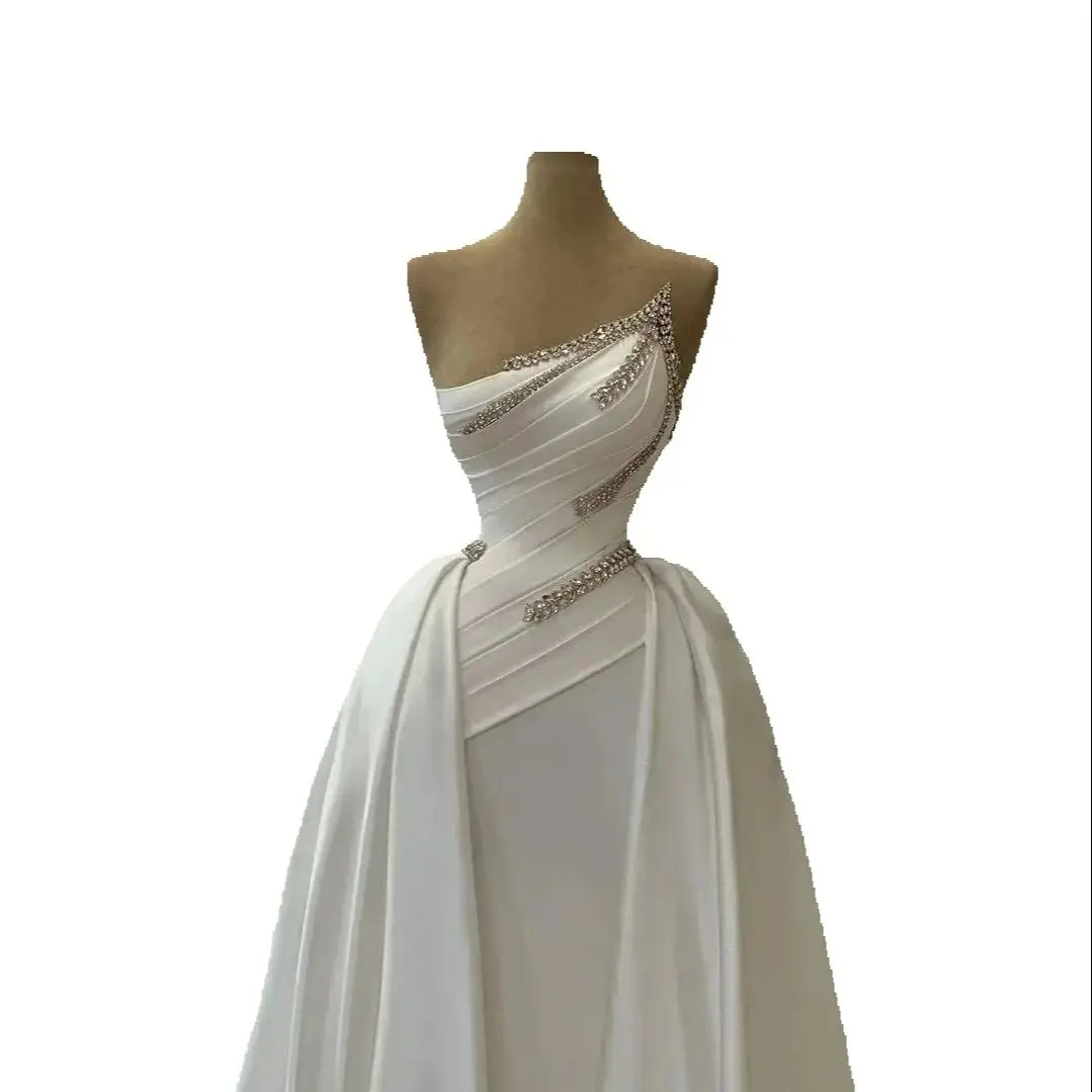 

Customized Strapless Sparkly Crystals Wedding Dress Vestidos De Novia Plus Size Satin Pleats Bridal Dress with Removable Skirt