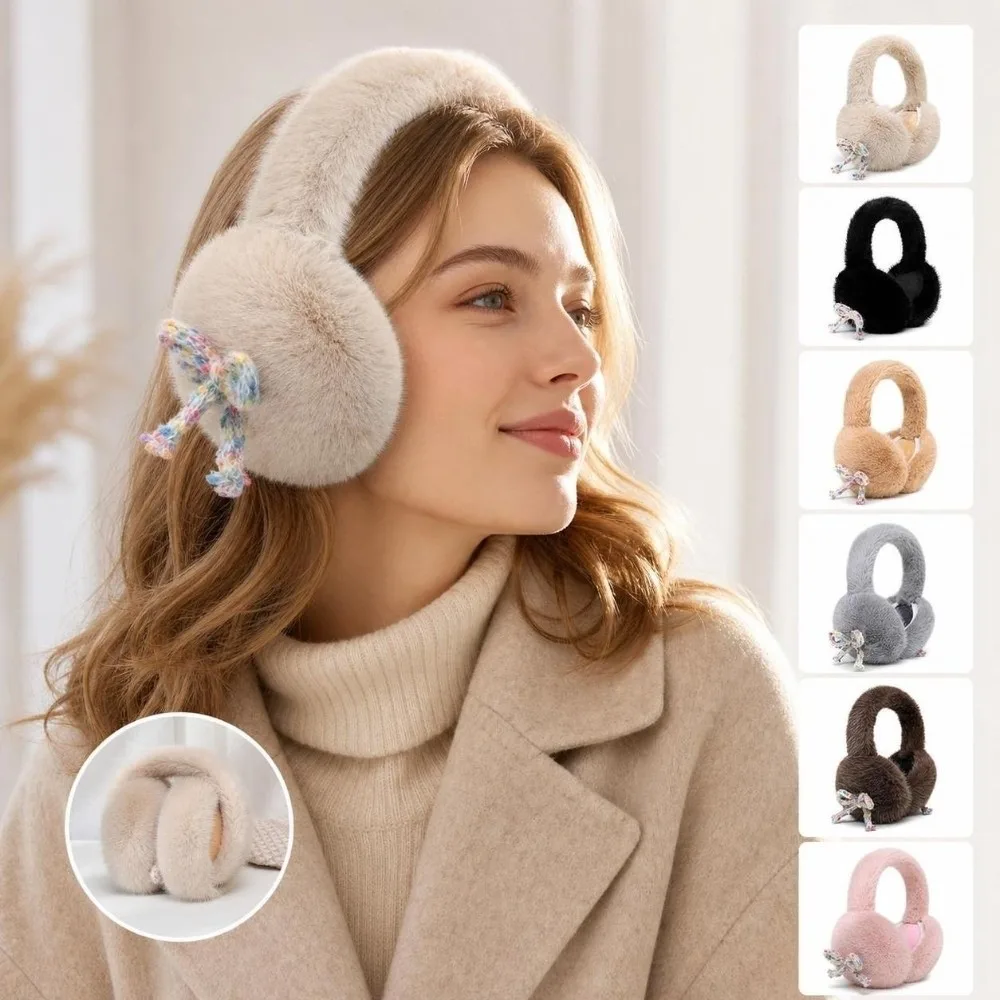 Sweet Imitation Mink Fur Earmuffs Lovely Bow Decor Fluffy Thermal Ear Muffs Portable Soft Foldable Earmuffs Winter Outdoor