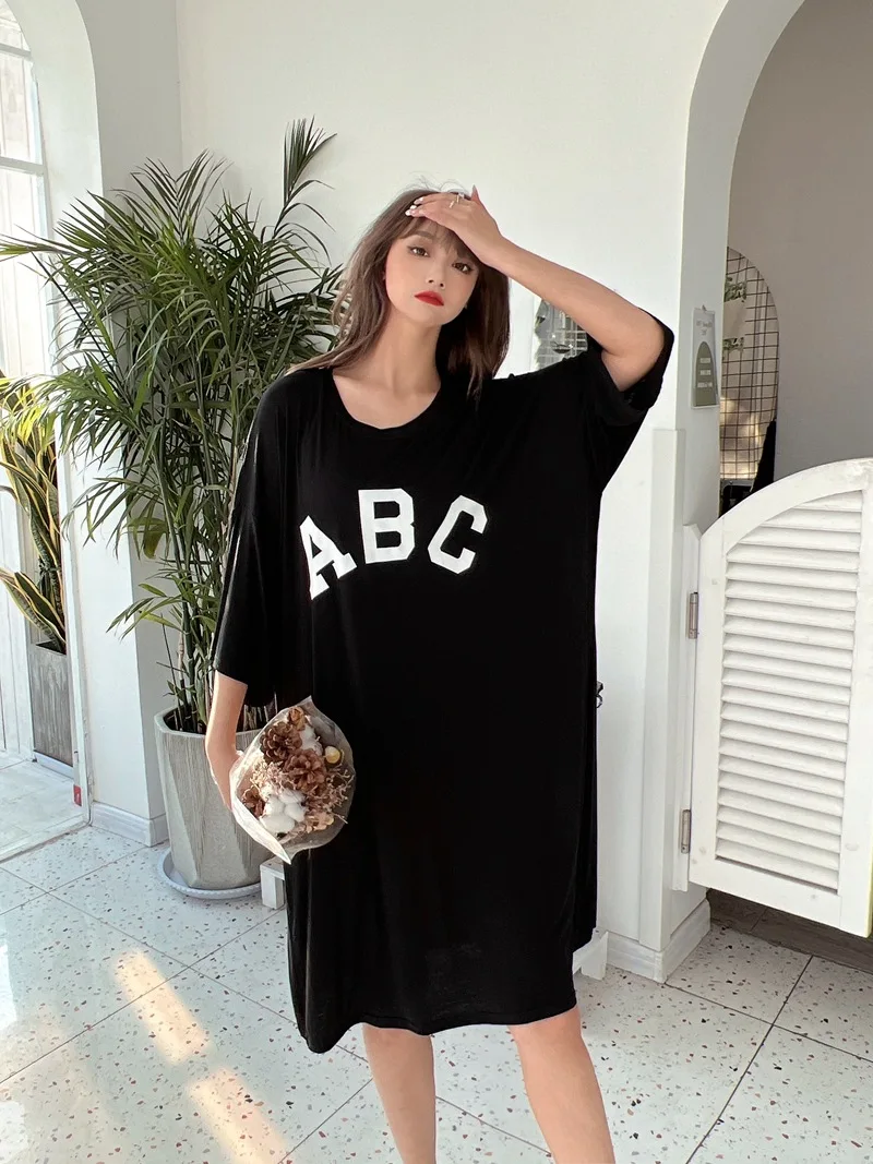 Summer Modal Letter Printed Nightgown Women's Plus Size Home Wear Dress Yellow Nightwear Round Collar Nightdress Outside Wear