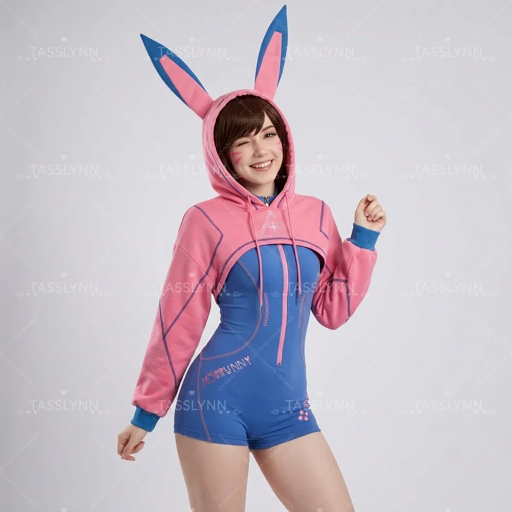Overwatch DVA Cosplay Costume Pink Bunny Ear Cropped Hoodie with Blue Zipper Jumpsuit 2‑Piece Set for D.VA Sport Jumpsuit