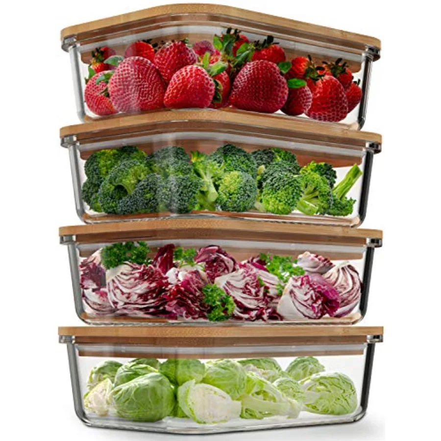 

Стеклянные контейнеры для хранения продуктов с бамбуковыми крышками, 4 штуки, 36 унций, экологичные контейнеры для приготовления еды, герметичные, без пластика, без BPA.
