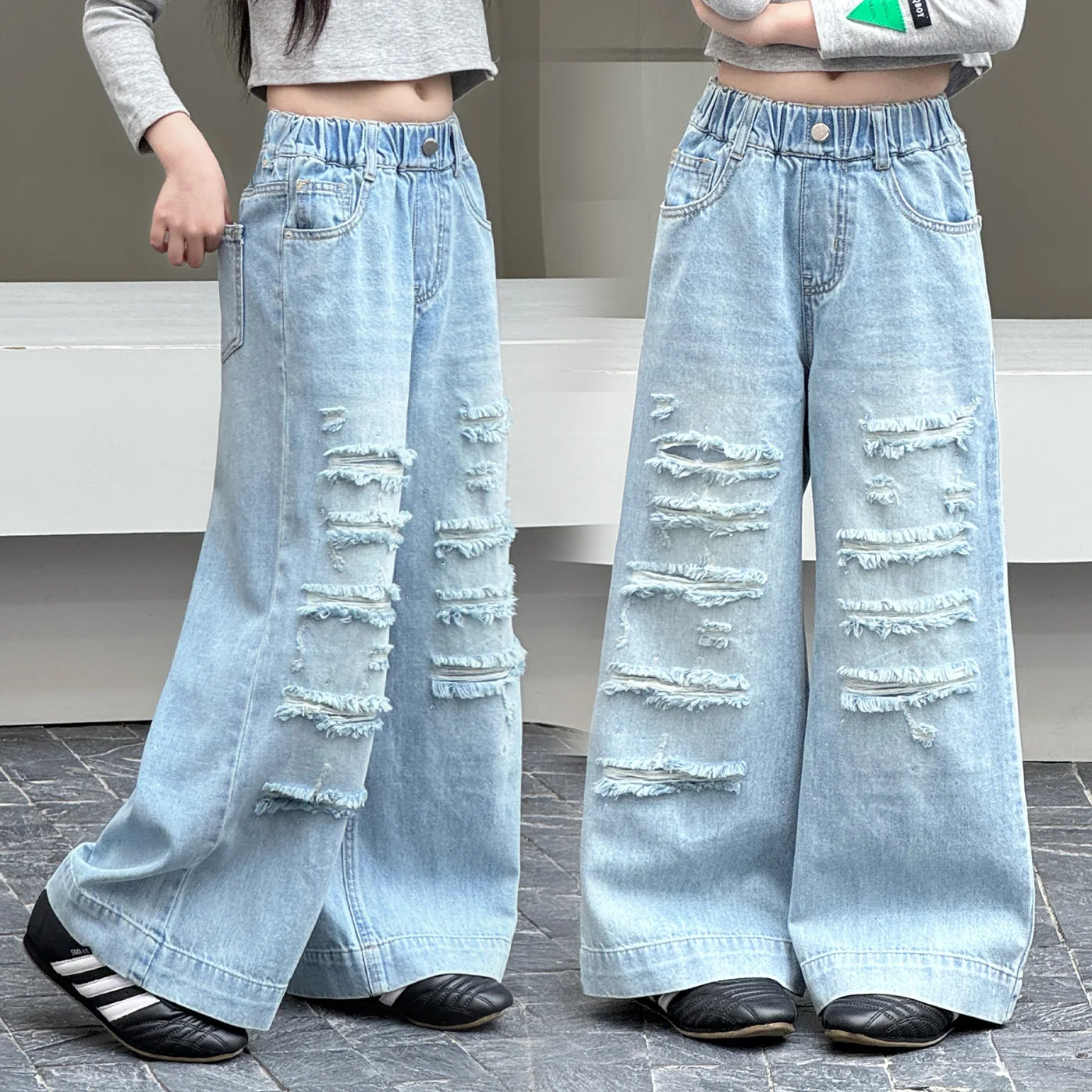 Girl Street Washed Baggy Ripped Jeans with Rhinestone For Teens Girl Light Blue Casual Broken Hole Denim Pants Kids Trousers