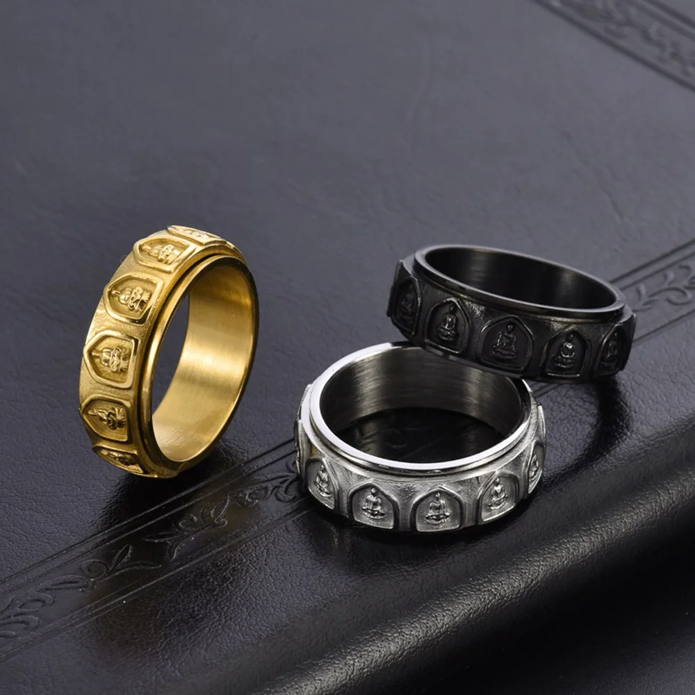Spinnerring aus 18 Karat vergoldetem Titanstahl für Herren, buddhistischer Arhat, gravierter rotierender Schmuck, Meditationsgeschenk für Männer – Detail 4