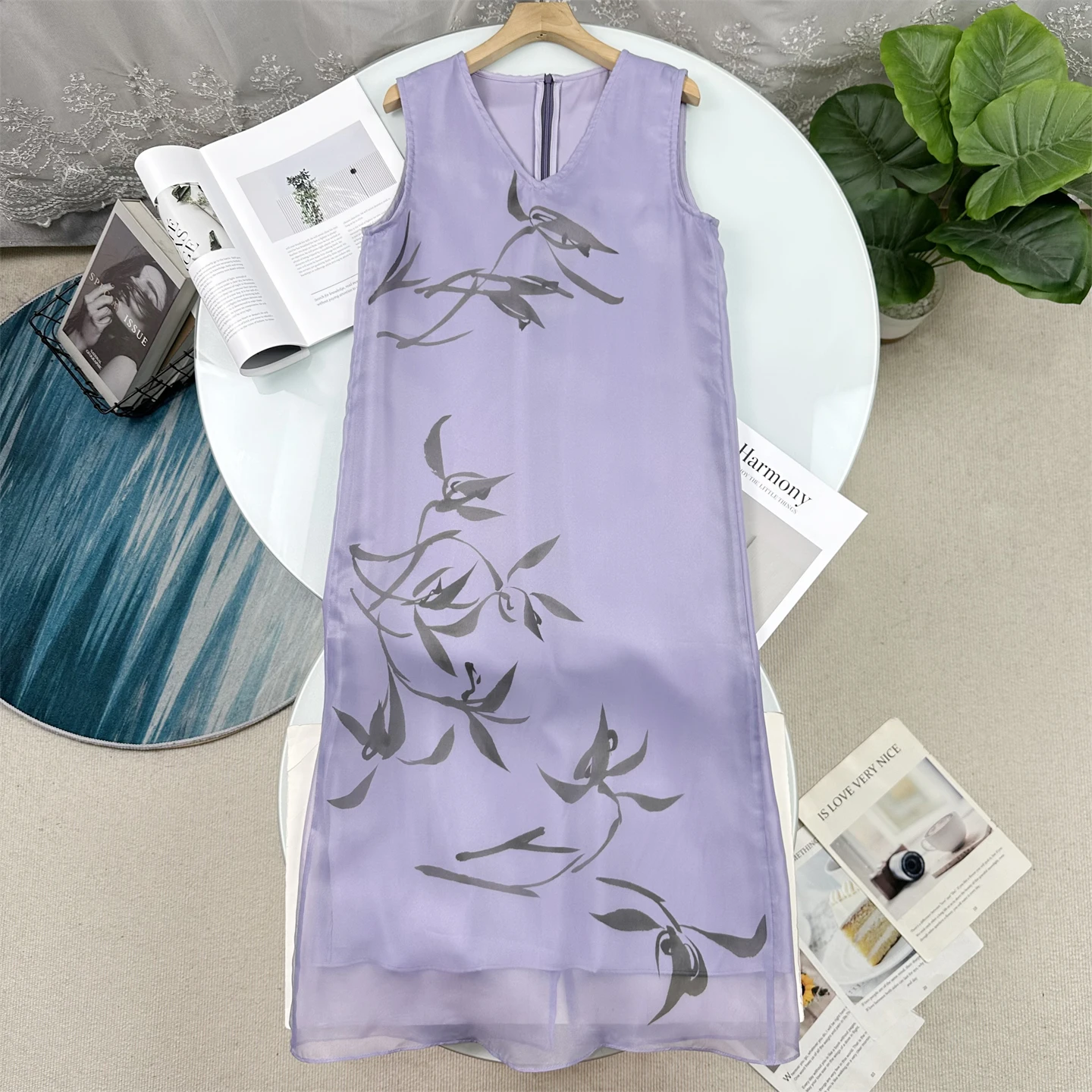 

Chinese Style V-Neck Printed Elegance Double Layer Midi Dress Women's Sleeveless Vest Dress Casual Summer Fashion Dress