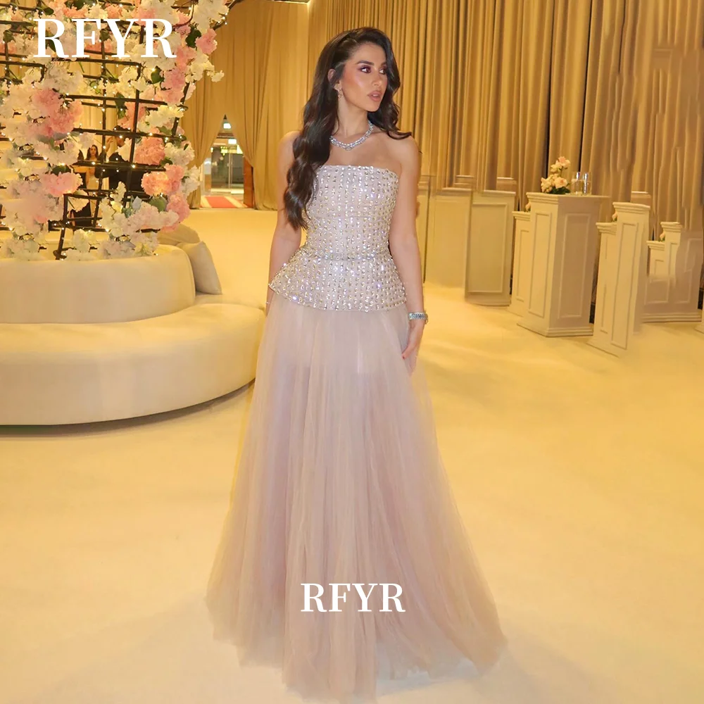 RFYR Blush Prom Dress Beading A Line Evening Party Dress Crystal Stones Formal Celebrity Gala Dress for Women Customized