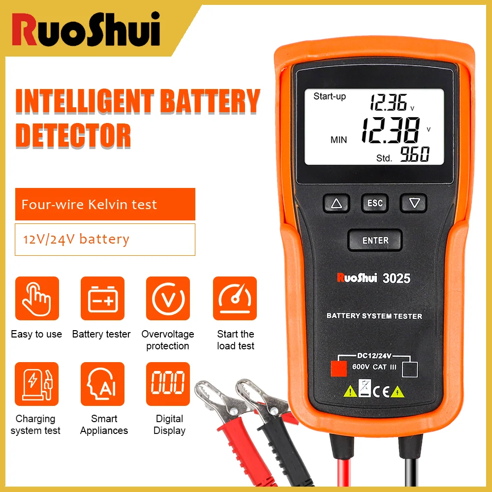 

RuoShui 3025 Intelligent Battery Detector 4-Wire Kelvin Professional Battery Capacity & Charging Analysis Tester DC 12/24V 600V