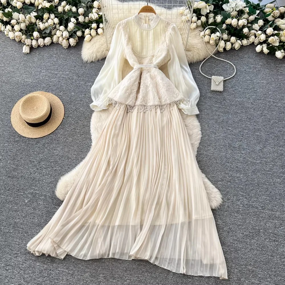 French Elegant Embroidery Evening Party Dress Lantern Sleeve Bead Crystal Detail Formal Prom Gown Women's Runway Style