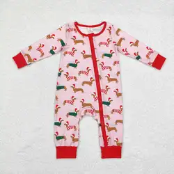 Infant baby girl Christmas puppy dog long sleeve bamboo zip romper wholesale kids boutique clothes factory price baby romper