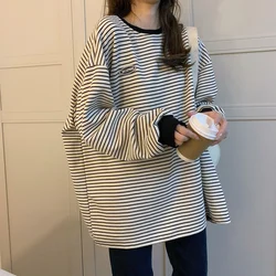 Spring New Striped Oversized T-shirt Tops Thin O-Neck Short Sleeve Loose All-match Pullovers Vintage Casual Women Clothing L-4XL