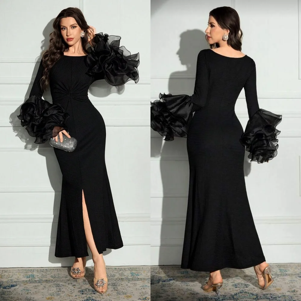 تخصيص مثير عارضة جيرسي الطية Ruched حورية البحر مغرفة الرقبة فساتين متوسطة الطول فساتين مناسبة مخصصة النمط الصيني جودة عالية #1