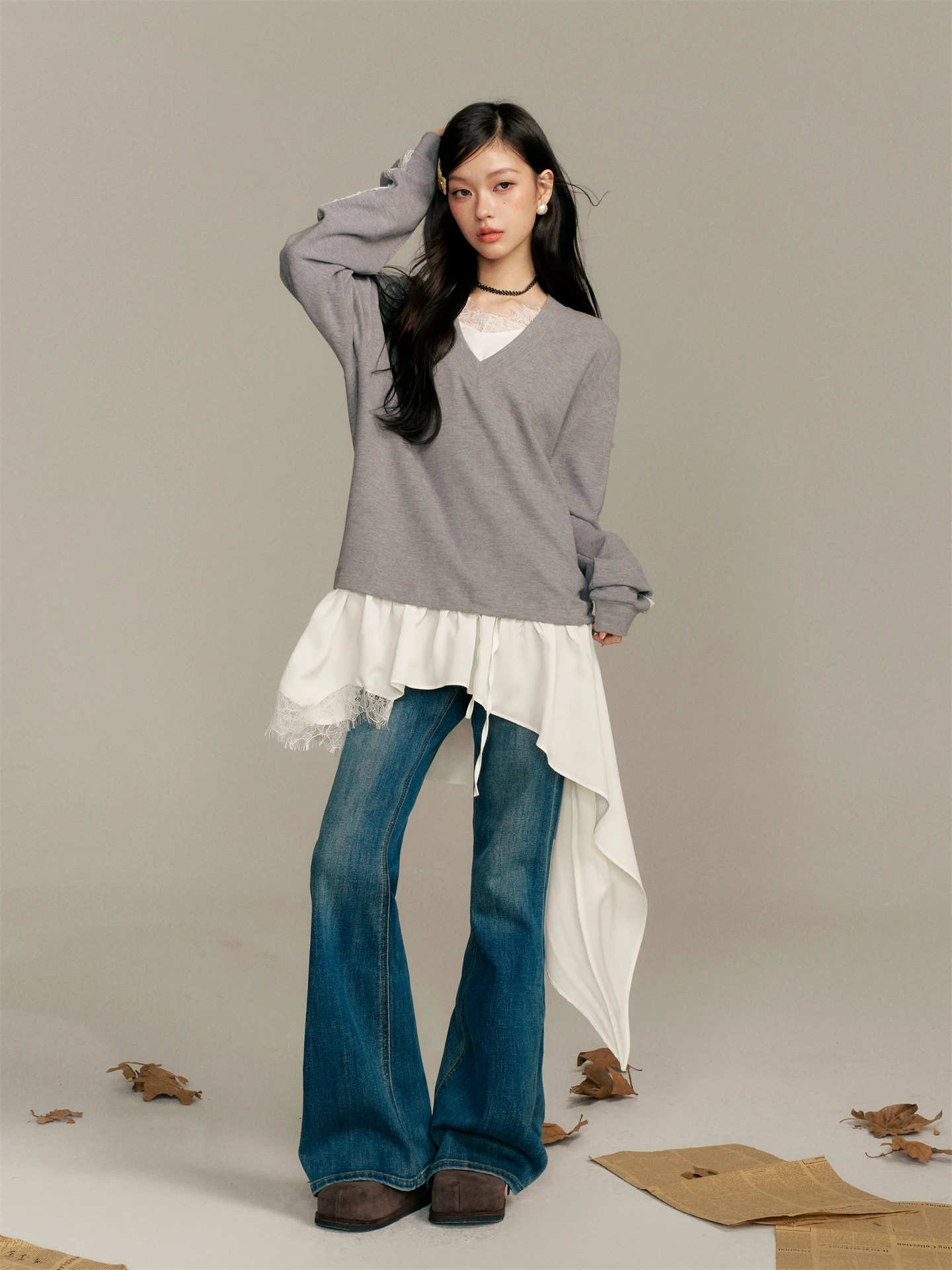 

Женская толстовка 6DEWS Wildern Pastoral Casual с длинными рукавами, кружевными вставками и V-образным вырезом, свободного кроя, тонкая, цветная