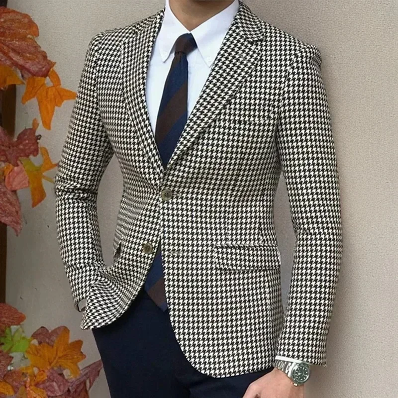 Houndstooth Suits for Men Notched Lapel 2 Pieces Set or Single Blazer Tweed Suit Tuxedo Set for Wedding Business Men\'s Suits