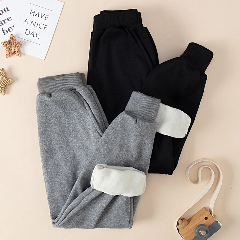 

2-Piece Set Of Autumn And Winter Warm Children's Solid Color Pants With Fleece Boys And Girls' Pockets Casual Thick Sports Pant