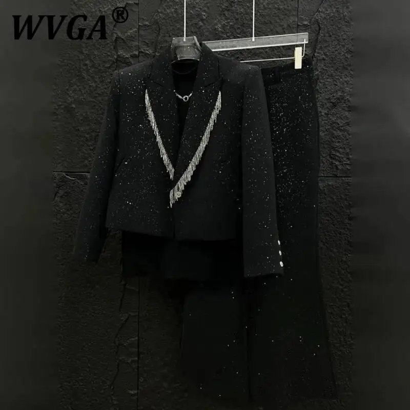 WVGA Spring Autumn New Men's Gypsophila Metal Tassel Shoulder Padded trendy Blazer Niche Chic Casual Straight Flared Pants W9230