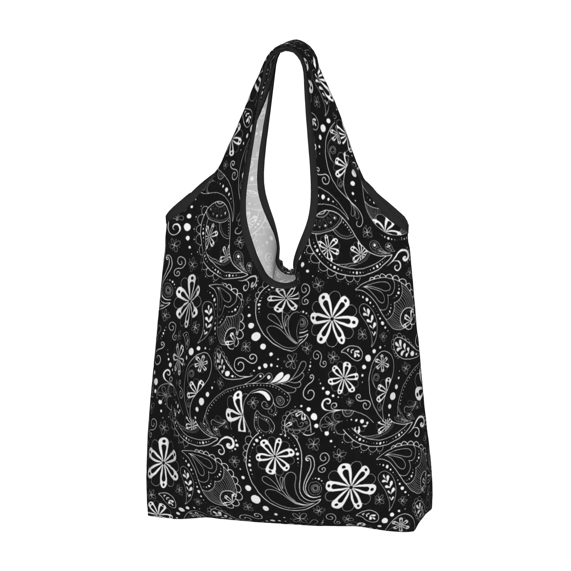 Custom Kawaii Black Bandana Paisley Print Shopping Tote Bag Portable  Groceries Shoulder Shopper Bag