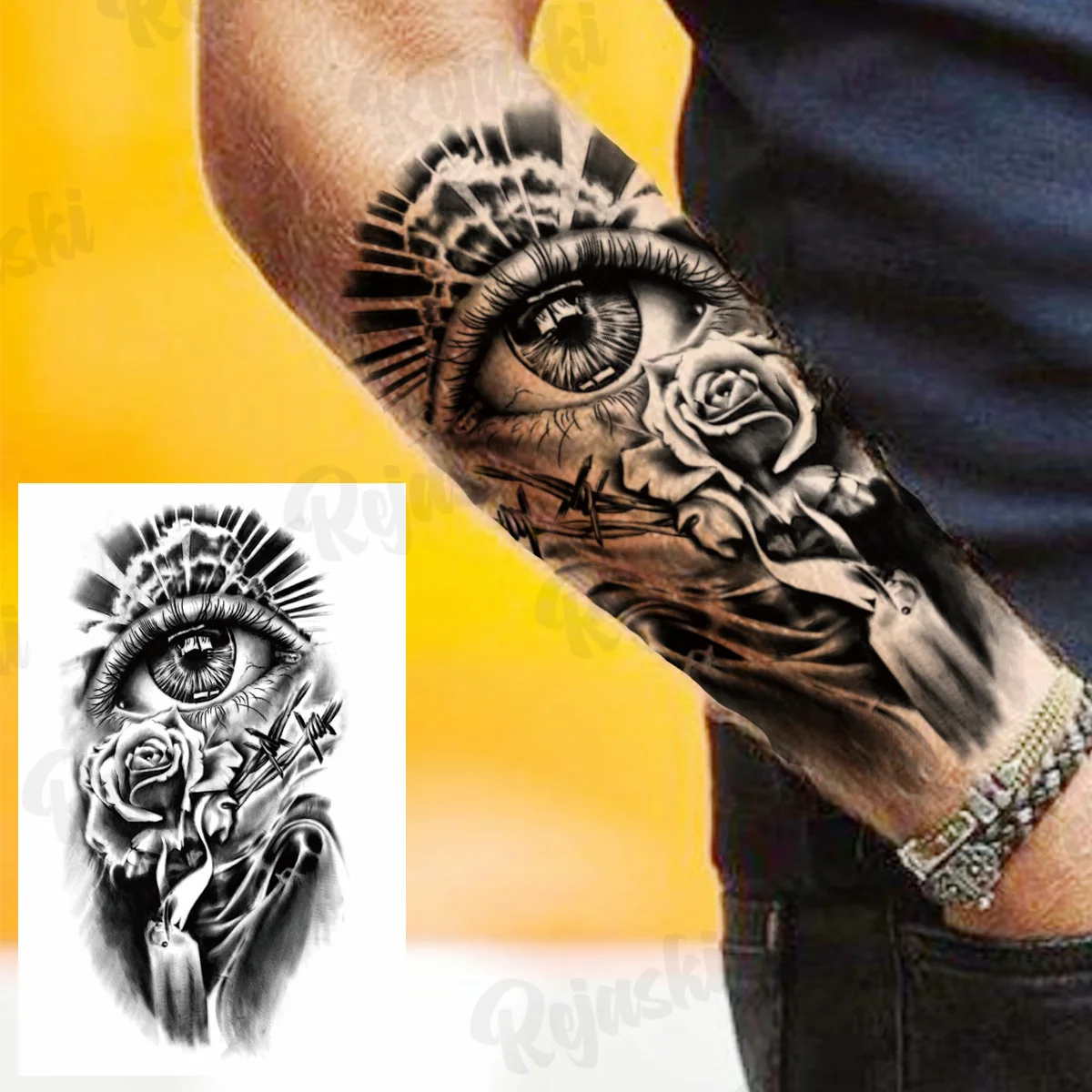 Black Maori Thorns Temporary Tattoos For Men Adults Realistic Totem Compass Rose Flower Eye Fake Tattoo Sticker Arm Leg Tatoos