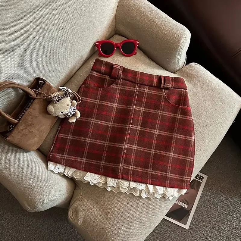 Renda retalhos xadrez mini saias femininas outono inverno cintura alta sem cinto saias de lã falsa y2k moda preppy todos os jogos uma linha saia