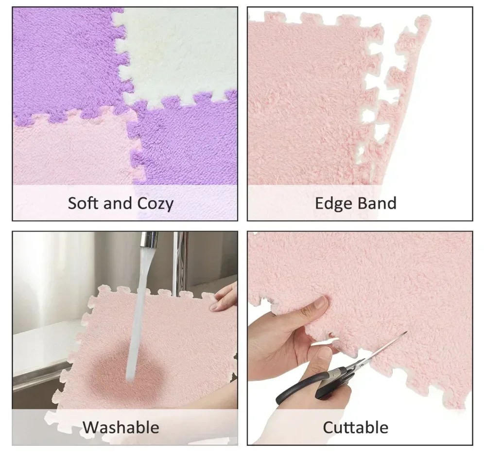 Baby Play Mat Fluffy Pink Bedroom Carpet, Soft and Non-Slip Floor Mat for Kids, Plush Foam Interlocking Tiles with Borders