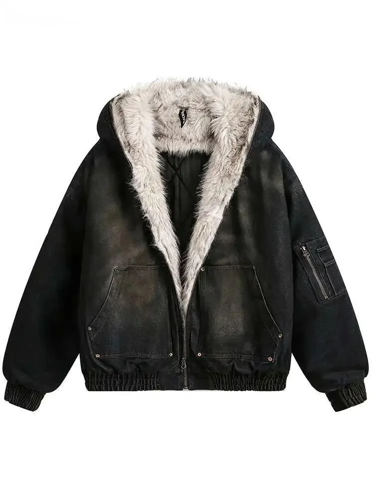 Fashion Denim Cotton-padded Coat Women's Hooded Loose Zipper Thick Plush Parker Jacket Winter 2026 New  CP86T9