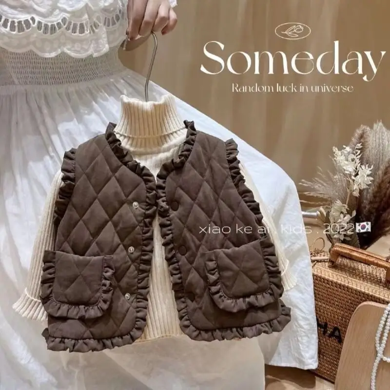 Kawaii Casual Coat Tops Fashion Childrens Clothing Girls Winter Vest Baby Outerwear 2025 New Fleece Lined Lace Waistcoat Warm
