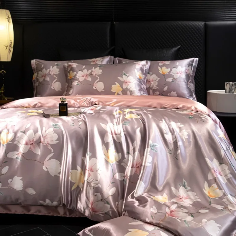 4pcs Printed Luxury High-End Silk Bedding Set Soft Satin Single Double Duvet Cover Pillowcase Flat Sheet or Fitted Sheet Set