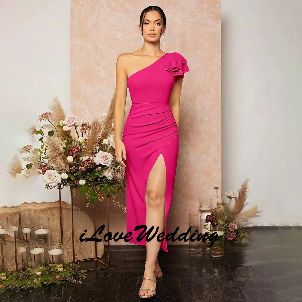 

Элегантное вечернее платье из крепа на одно плечо по индивидуальному заказу, платье для выпускного вечера из спандекса 2025 года, длина чая, халаты с высоким разрезом