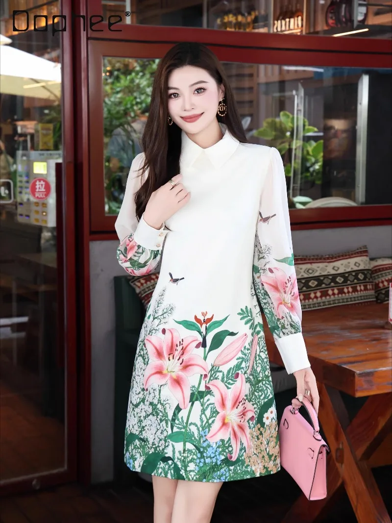 

Light Luxury Elegant Socialite Evening Dresses Autumn Winter Heavy Industry Retro Print Turn-down Collar Slim A-line Dress Women