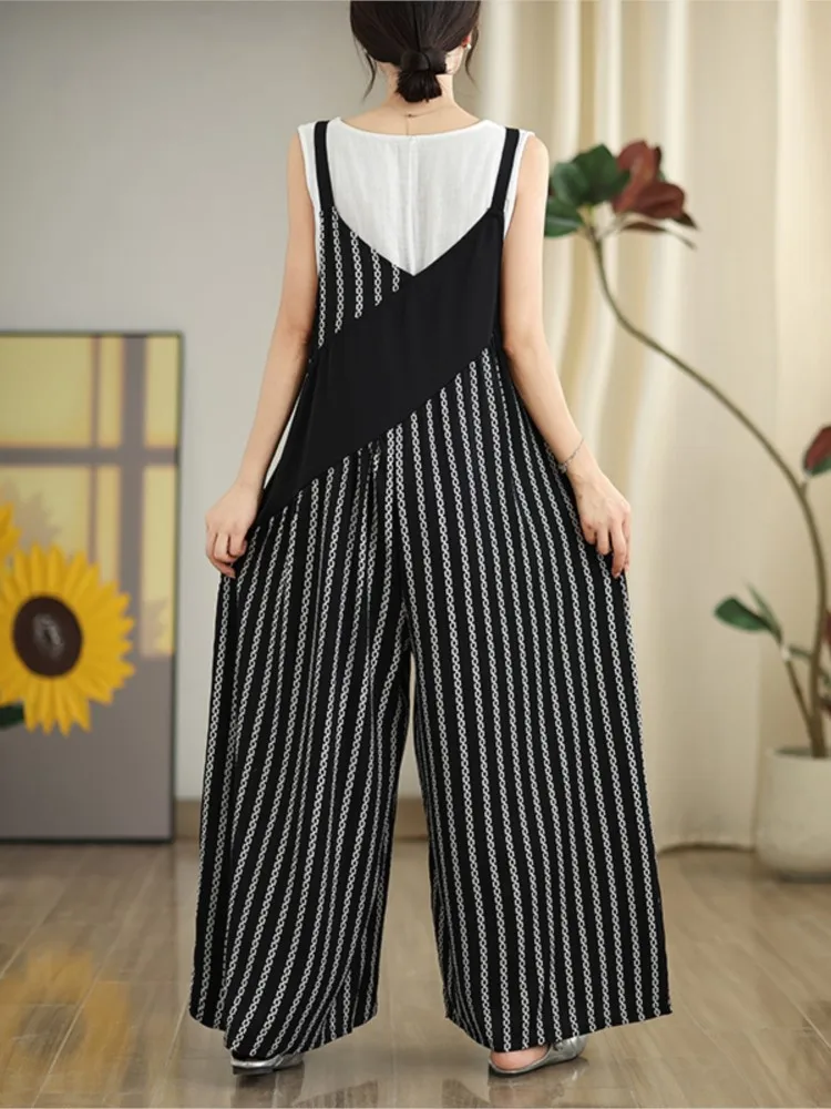 Oversized Summer Sleeveless Striped Print Jumpsuit Women Loose Wide Leg Fashion Ladies Jumpsuits Casual Woman Overalls Jumpsuit