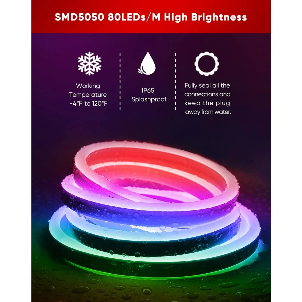 LED RGB Neon Rope Lights AC 120V,  Dimmable Color Changing, ETL Cold-Resistant & IP65 Waterproof for in&Outdoor, 10x20mm, 50FT