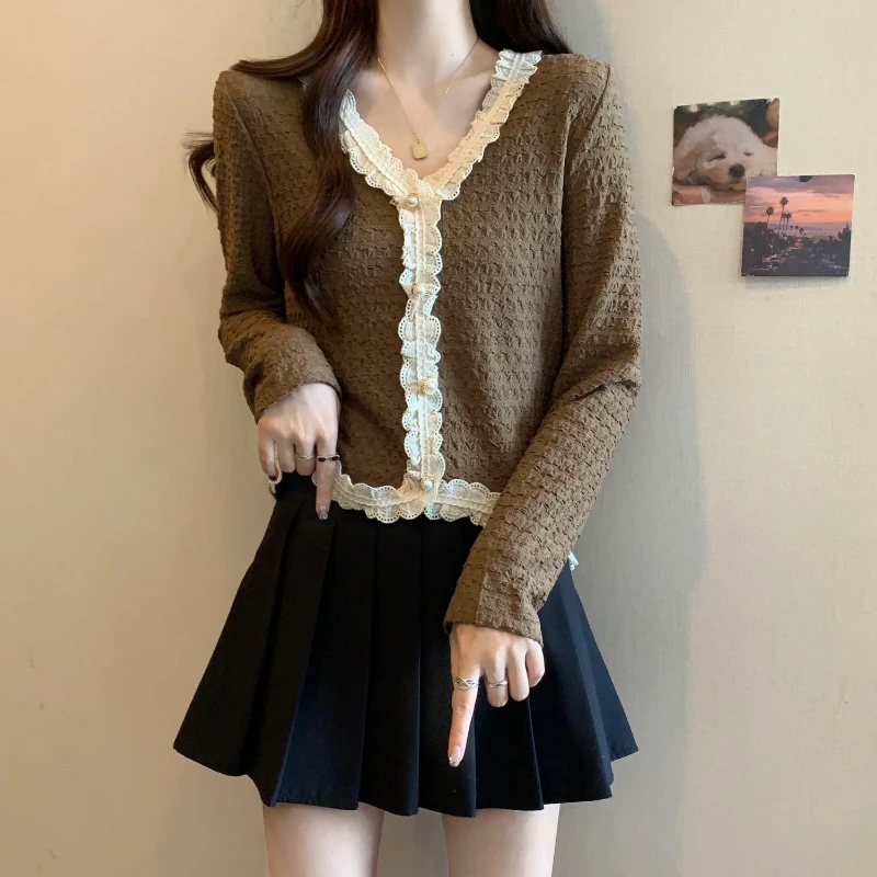 Lace Patchwork Contrast Korean T Shirts Women Clothing New Long Sleeve Youth All-match Sweet Tops Fashion Casual Spring Autumn