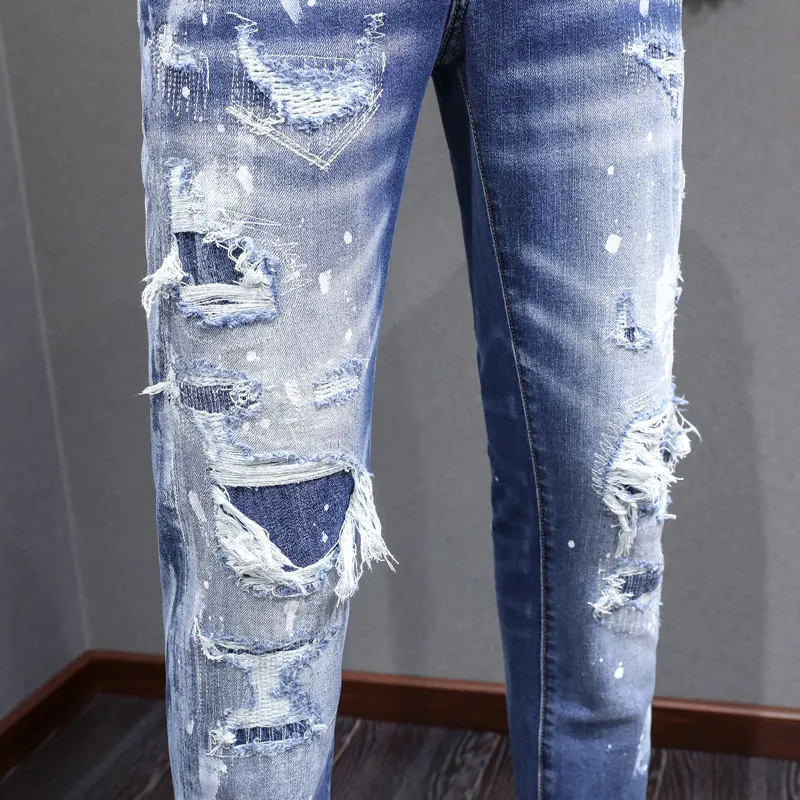 Fashionable Y2K jeans with stretch, slim fit, washed water, nostalgic patch, painted light blue jeans, designer high stree