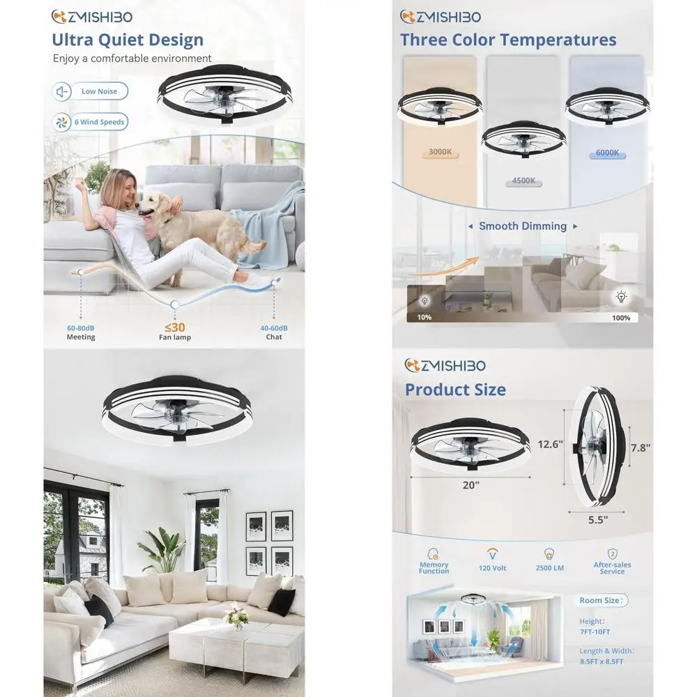 

Потолочный вентилятор 20 дюймов со светодиодной подсветкой с регулировкой яркости, 6 скоростей, пульт дистанционного управления, для спален