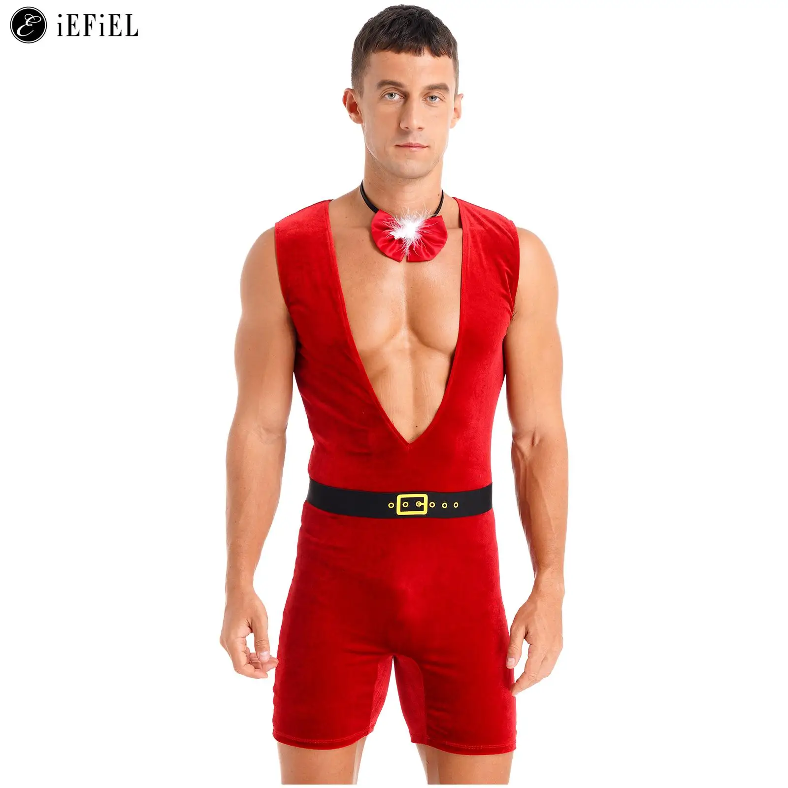 Mono con cuello en V profundo para hombre, Pelele con pajarita, ropa de dormir de terciopelo de Papá Noel para fiesta navideña, PIJAMAS