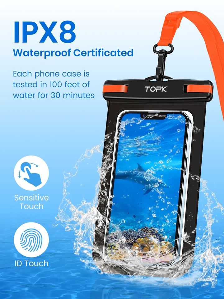 Bolsa impermeable para teléfono TOPK E01, universal IPX8 con cordón, para iPhone Samsung hasta 7.0 pulgadas 3