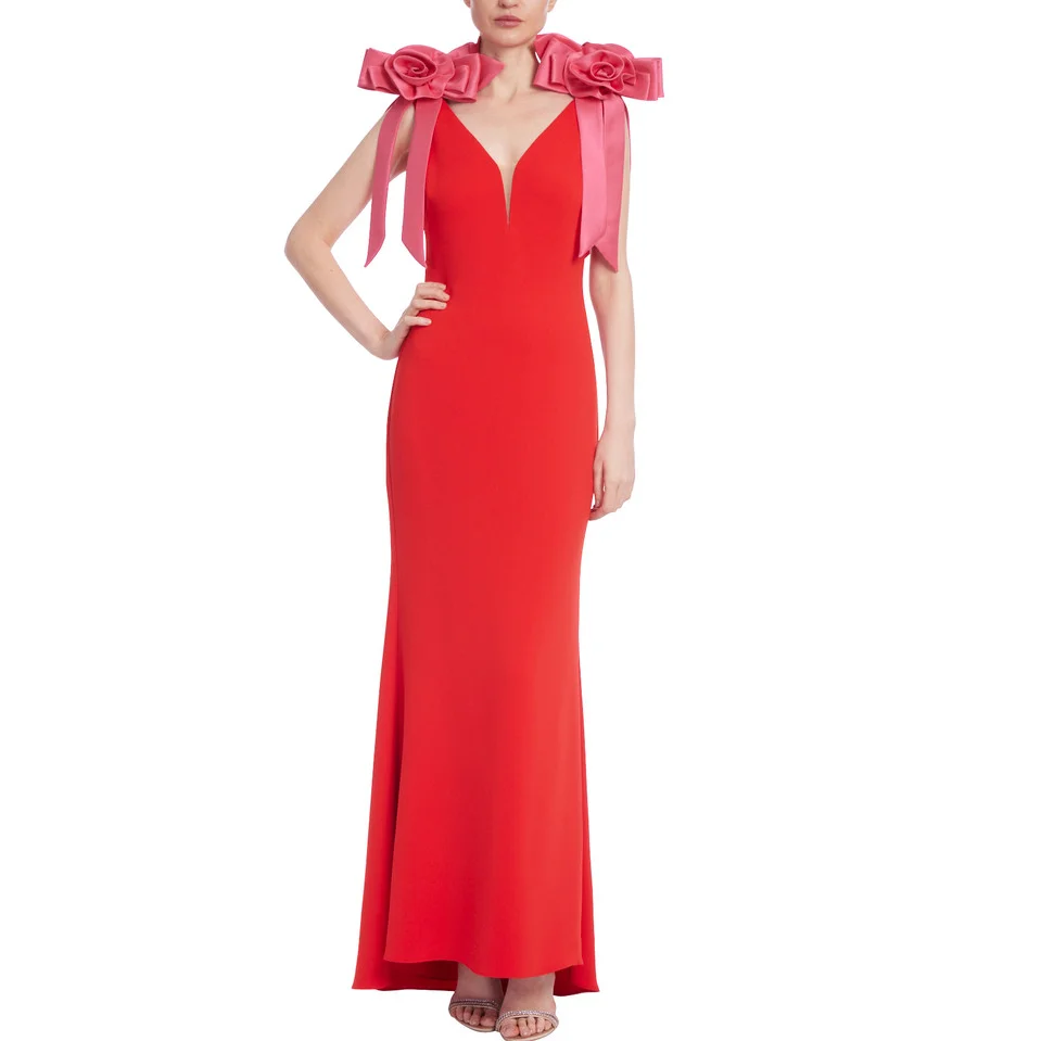 Two-Tone Rosette Shoulder Column Maxi Gown Red Elegant Party Formal Dresses Sleeveless Long MFloral Luxury Prom Gowns Modest