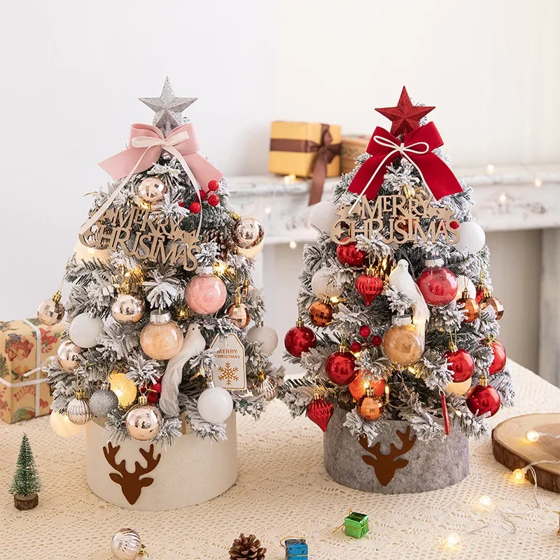 

For 45/60cm Mini Christmas Tree With Lights DIY Desktop Golden Red Christmas Decorations 2024 New Year Home Party Windows Orname