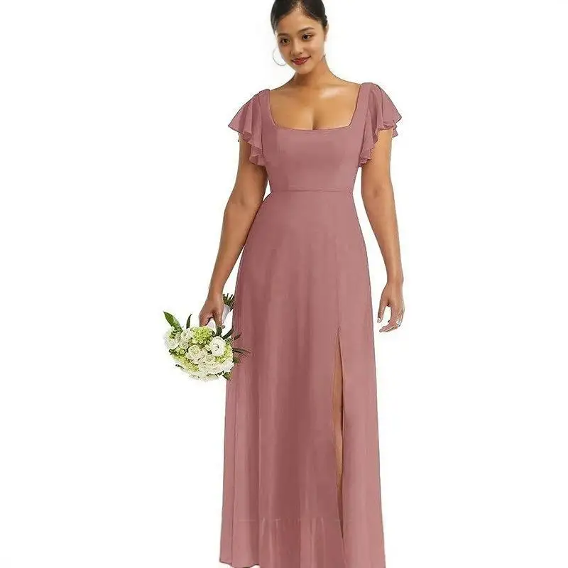 Boda larga de gasa dividida Dr adelgazante Bal amigo boda Dr vestido de noche tela de poliéster de cintura alta