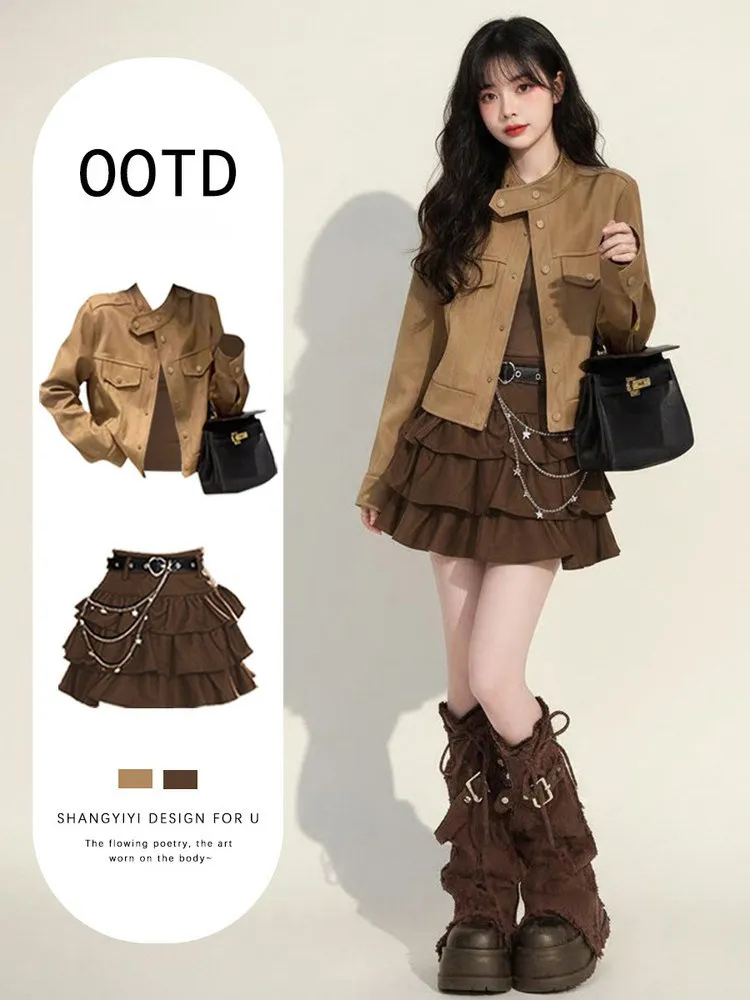 

Spring 2026 Korean Style Travel Set Women's Fashion Short Coat And Puffy Skirt Three-Piece Suit High Waist Short Skirt Long S...