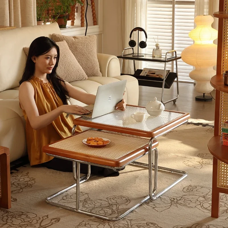 Retro Japanese Stainless Steel Coffee Table Low Rattan Side Table with Glass Top Perfect for Small