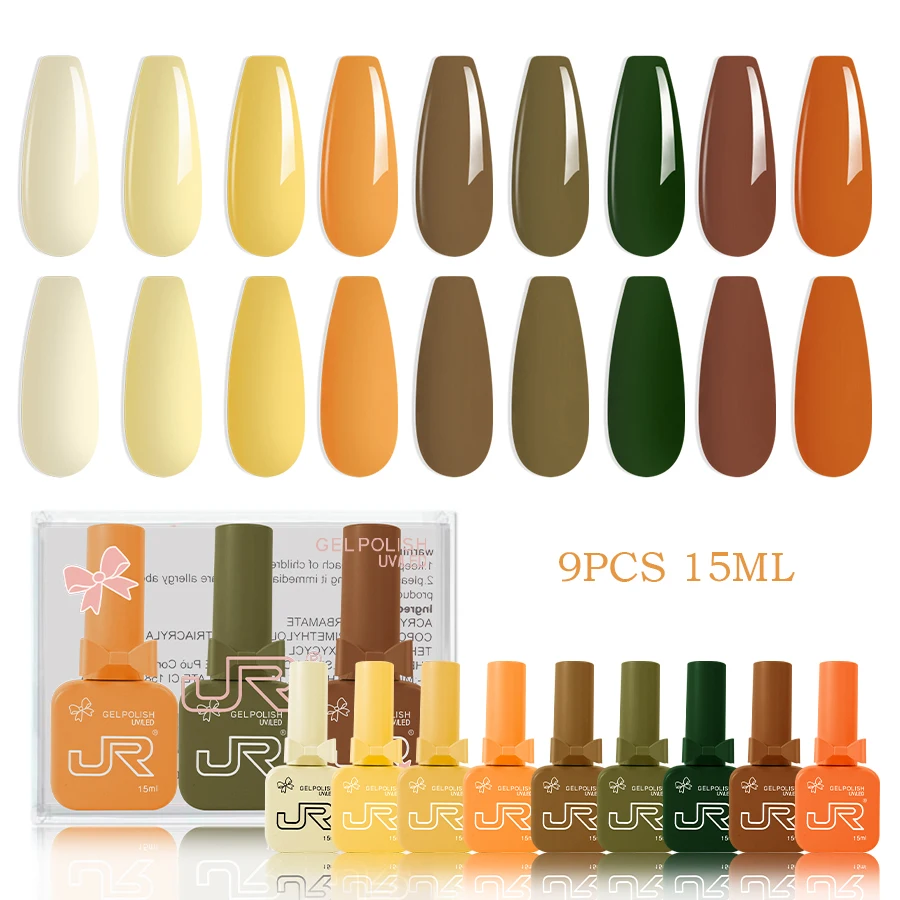 JR 9pcs 15ml gel nagellak set Inclusief Rood Roze Naakt Gel Polish Kit UV LED Losweken Polish Thuis DIY toplaag basislaag geschenken