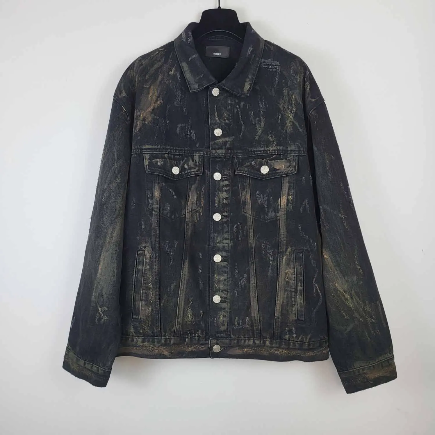 

Luxury 1:1 Mud stains Ripped Women Men Denim Jacket Coat Hiphop Streetwear Loose Fit Men Casual Denim Jeans Jacket