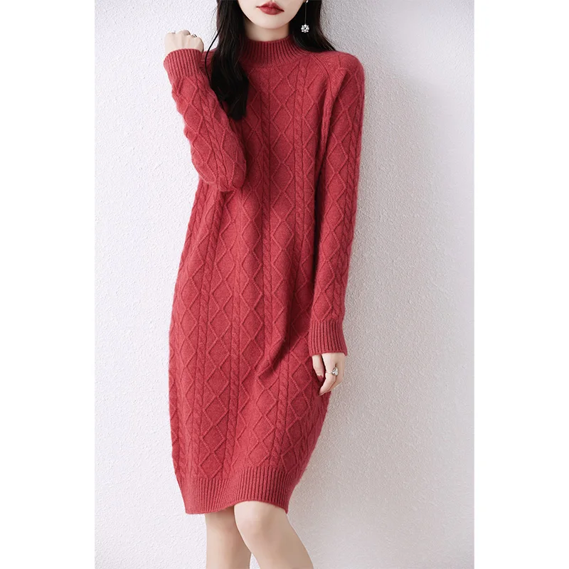 100% Wool Dress For Women 2023 Autunm/Winter Cashmere Thick Sweaters Hot Sale Long Style 5Colors Jumpers DR01