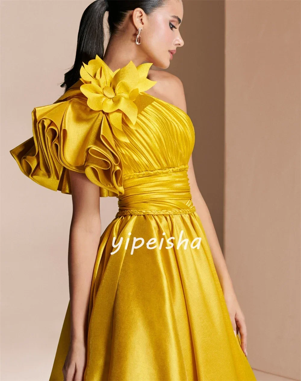 Customized Formal Modern Style Pleat Draped Handmade Flower Ruched A-line One-shoulder Long Dresses Evening Dresses Exquisite