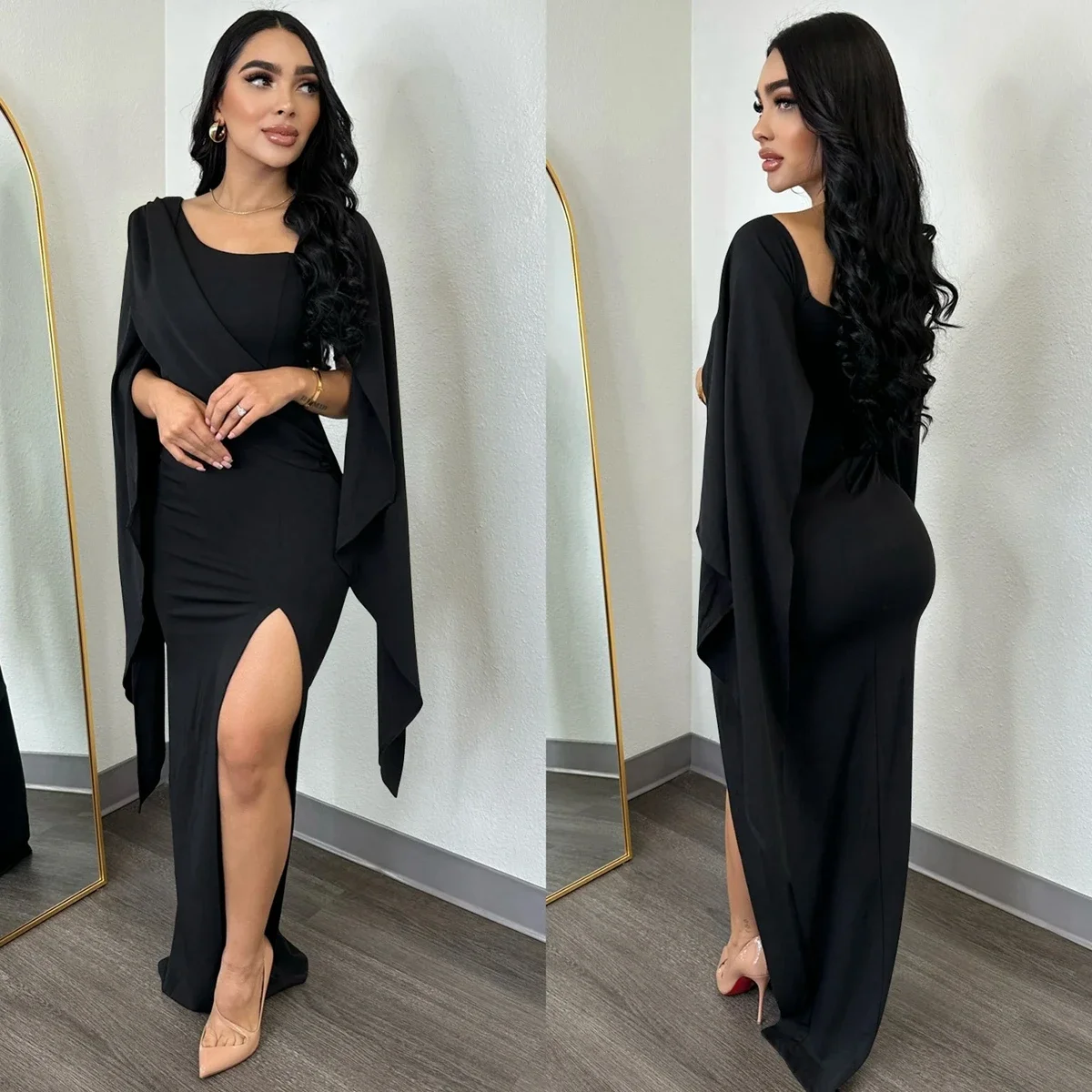 Lange Zwarte Elegante Avond Feestjurken Voor Vrouwen 2023 Bruiloftsgast Flare Mouw Dij Split Bodycon Maxi Jurken Prom Jurk