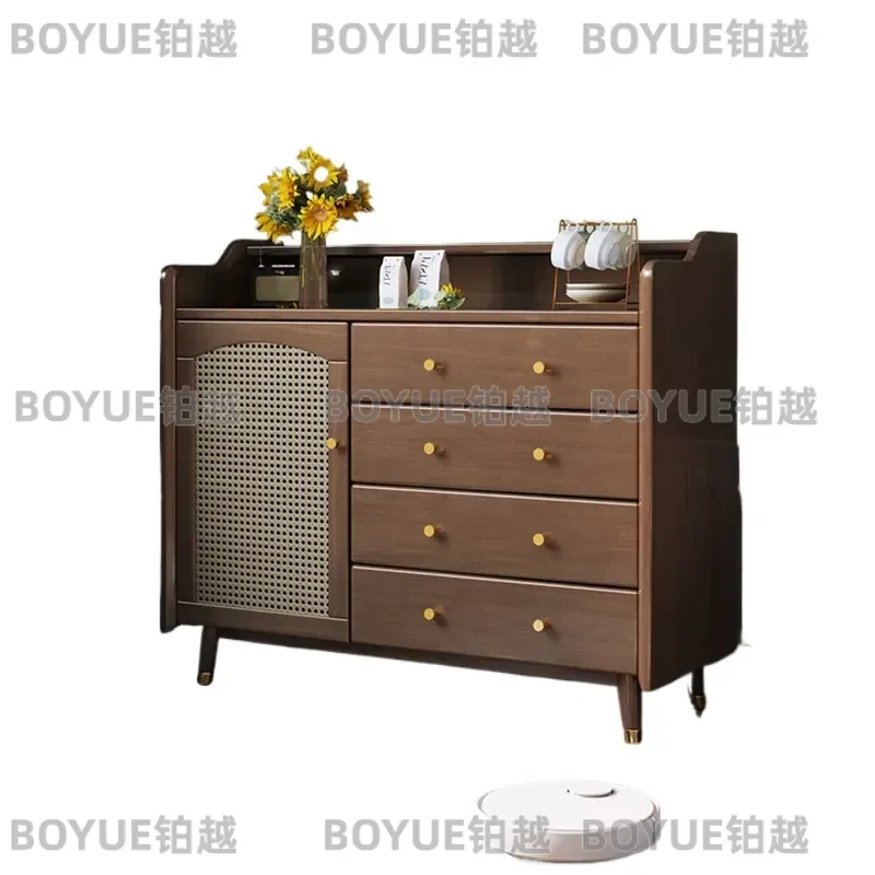 Nordic Retro Solid Wood Sideboard Rattan Storage Cabinet Living Room Drawer Chest with Door Modern Minimalist Furniture