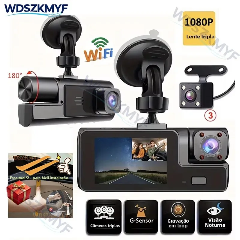 Câmera Veicular 2/3 Canais WiFi DVR HD 1080P com Câmera Frontal e Traseira Integradas com Visão Noturna IR, Acessórios para Carro, Presente