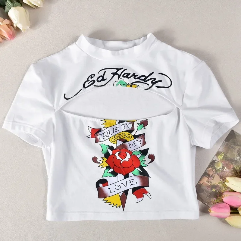 Rose Printed Hollow Out Slim Crop Top for Women Y2k Hot Girl Sexy Short Sleeve Crew Neck  Graphic T Shirt Streetwear Casual Tees