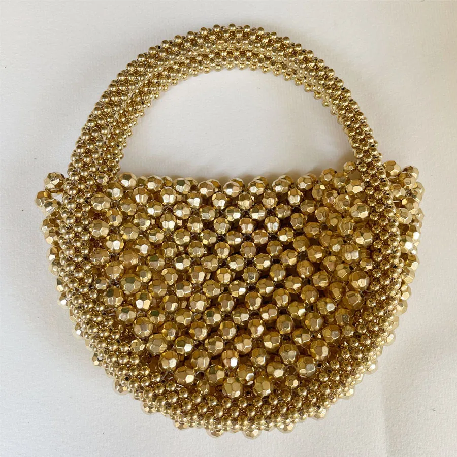 

Handmade Woven Hand Bag For Women Exquisite Design Hollow-out Gold Beaded Bag Female Party Small Handbag New