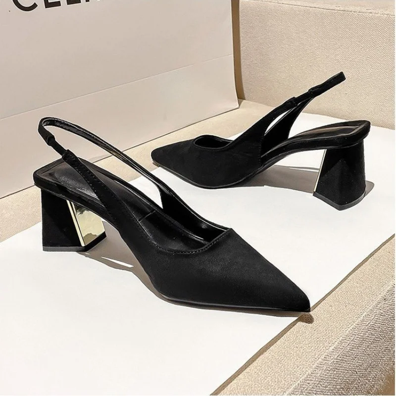 2024 Woman  Brown Chunky Heel Slingback Mules Casual Pointed Shallow Mouth Heels Vintage Black Office High Shoes Women New